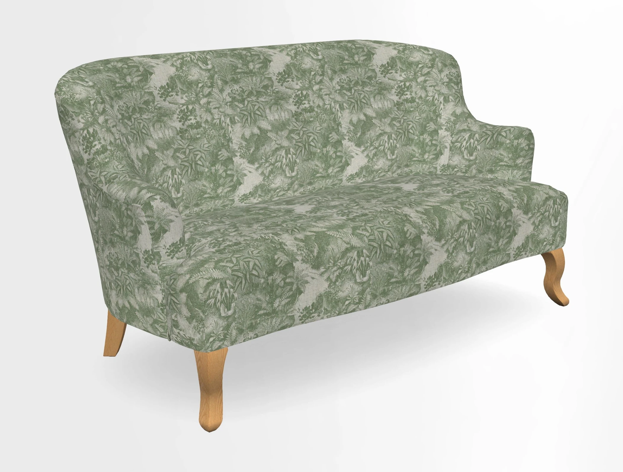 Grassington 3 Seater Sofa in RHS Botanicals on Velvet Ferns Toile Olive with scatter in Almost Plain Velvet Harvest