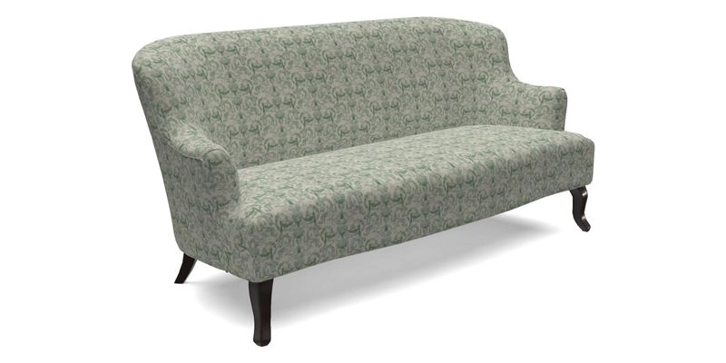 Grassington 3 Seater Sofa in RHS Botanicals on Velvet Ferns Toile Olive with scatter in Almost Plain Velvet Harvest