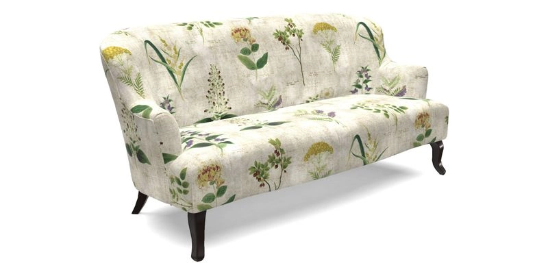 Grassington 3 Seater Sofa in RHS Botanicals on Velvet Ferns Toile Olive with scatter in Almost Plain Velvet Harvest