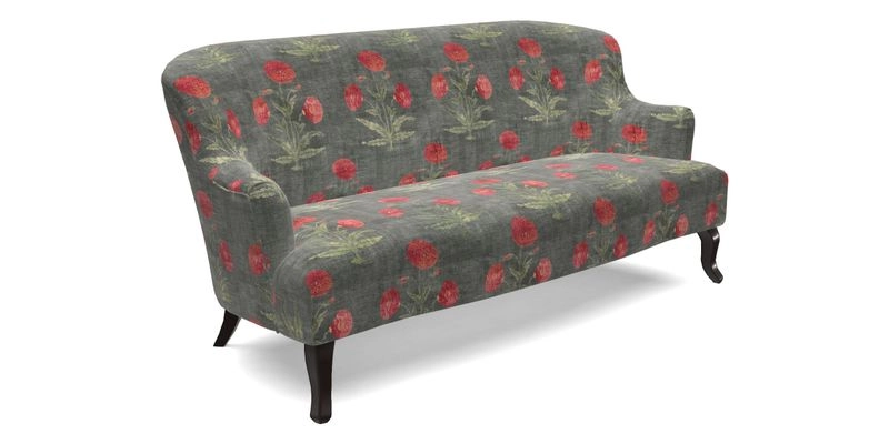Grassington 3 Seater Sofa in RHS Botanicals on Velvet Ferns Toile Olive with scatter in Almost Plain Velvet Harvest