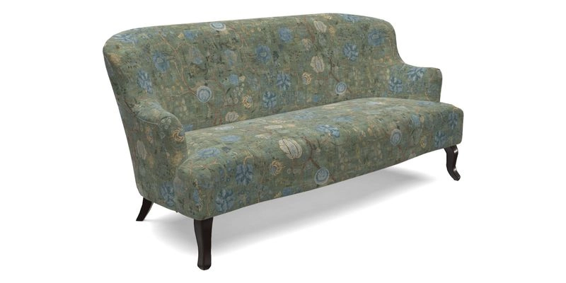 Grassington 3 Seater Sofa in RHS Botanicals on Velvet Ferns Toile Olive with scatter in Almost Plain Velvet Harvest