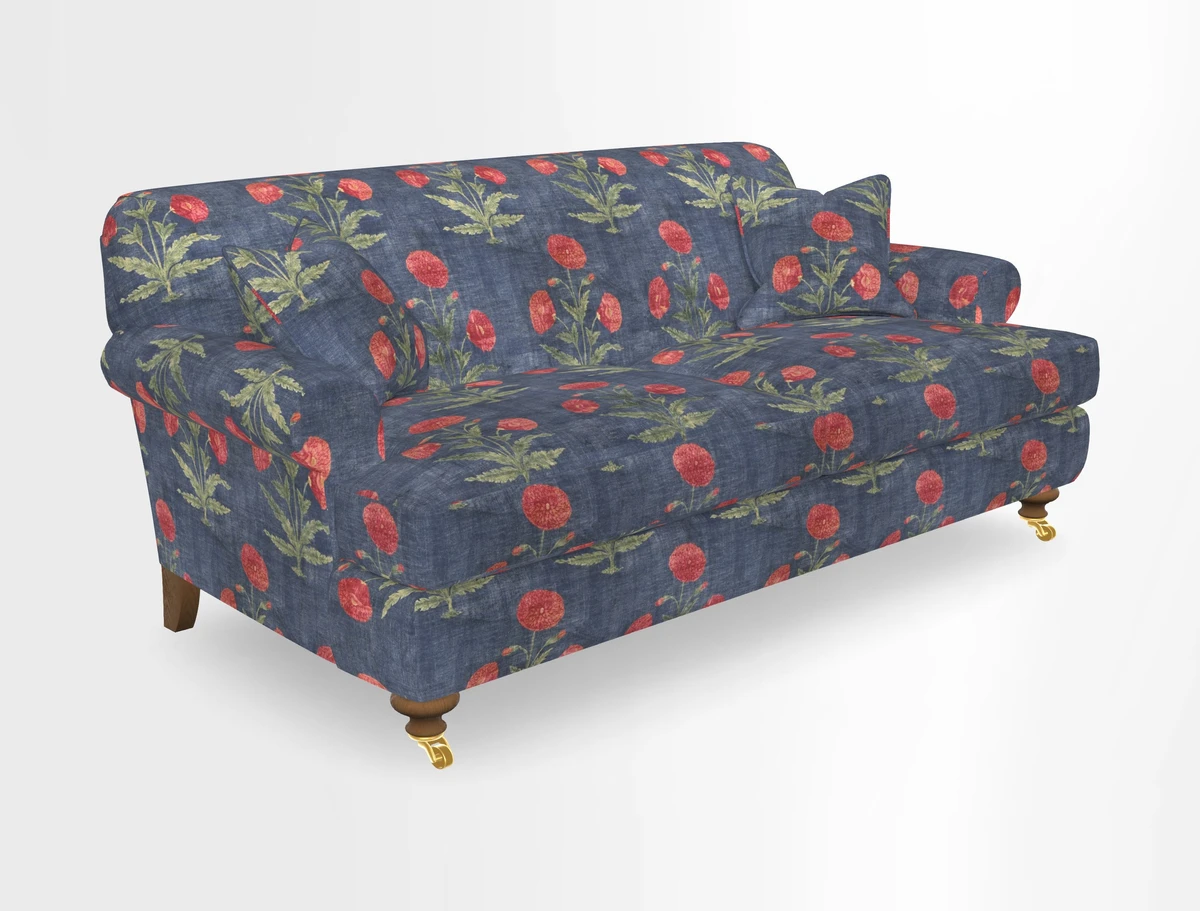 Hampton 3 Seater Sofa in V&A Threads of India Opulent Velvets Regal Poppy Chalk