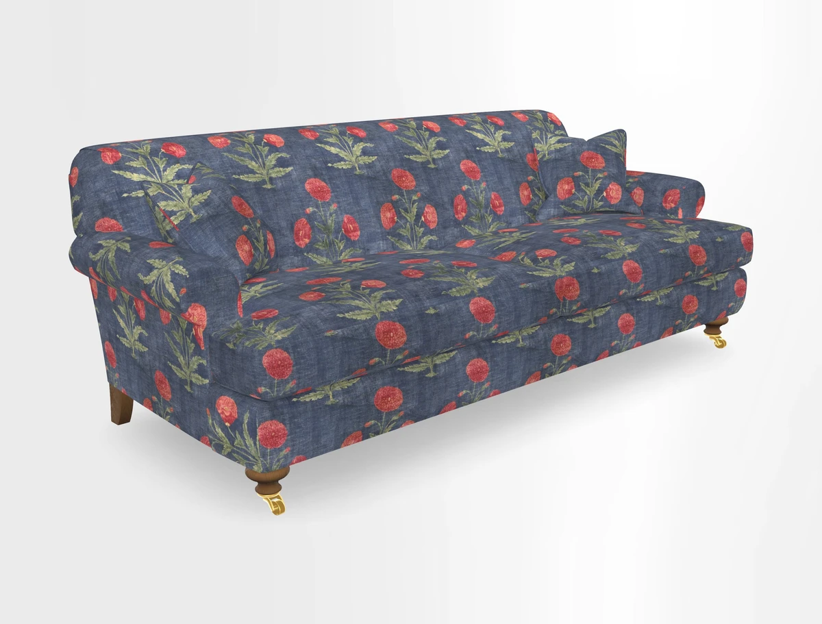 Hampton 3 Seater Sofa in V&A Threads of India Opulent Velvets Regal Poppy Chalk