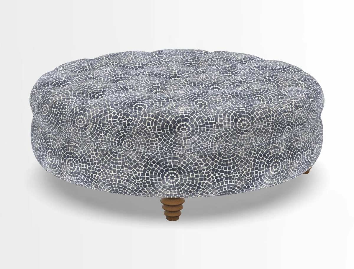 Helmsley Round Footstool in Linwood Omega Velvet Navy
