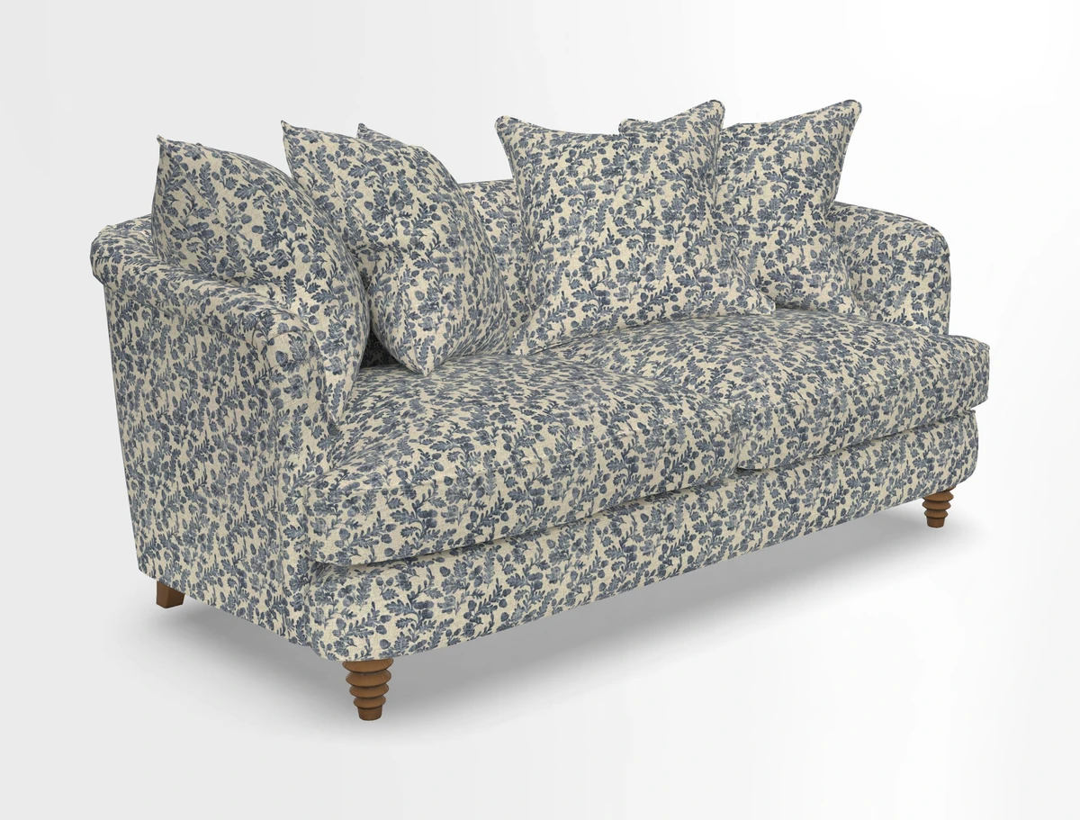 Helmsley Sofa in Mohair Velvet Fir Green with Seat and Back Cushions in RHS Collection Trailing Vine Olive and Small Trailing Ivy Olive