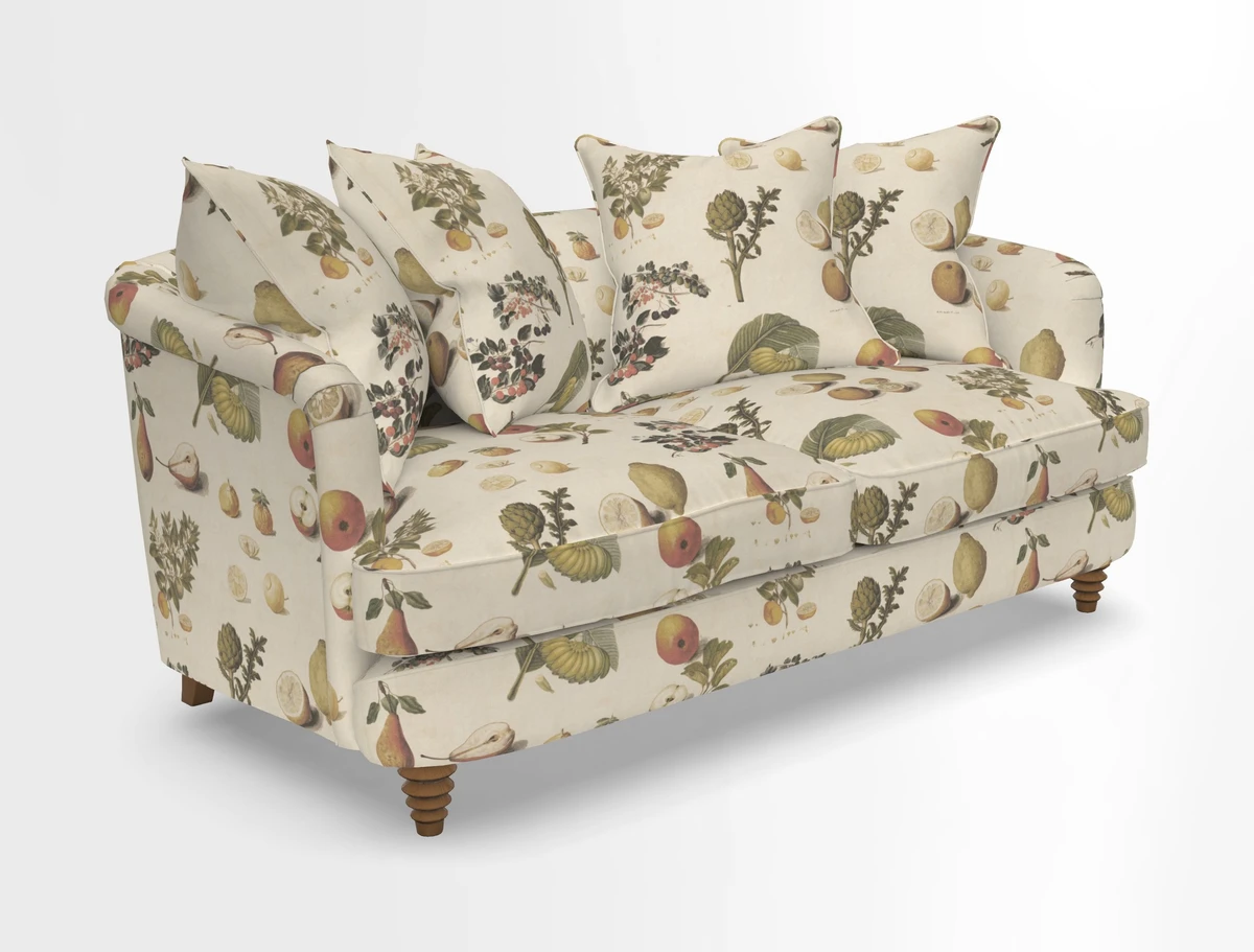 Helmsley Sofa in Mohair Velvet Fir Green with Seat and Back Cushions in RHS Collection Trailing Vine Olive and Small Trailing Ivy Olive