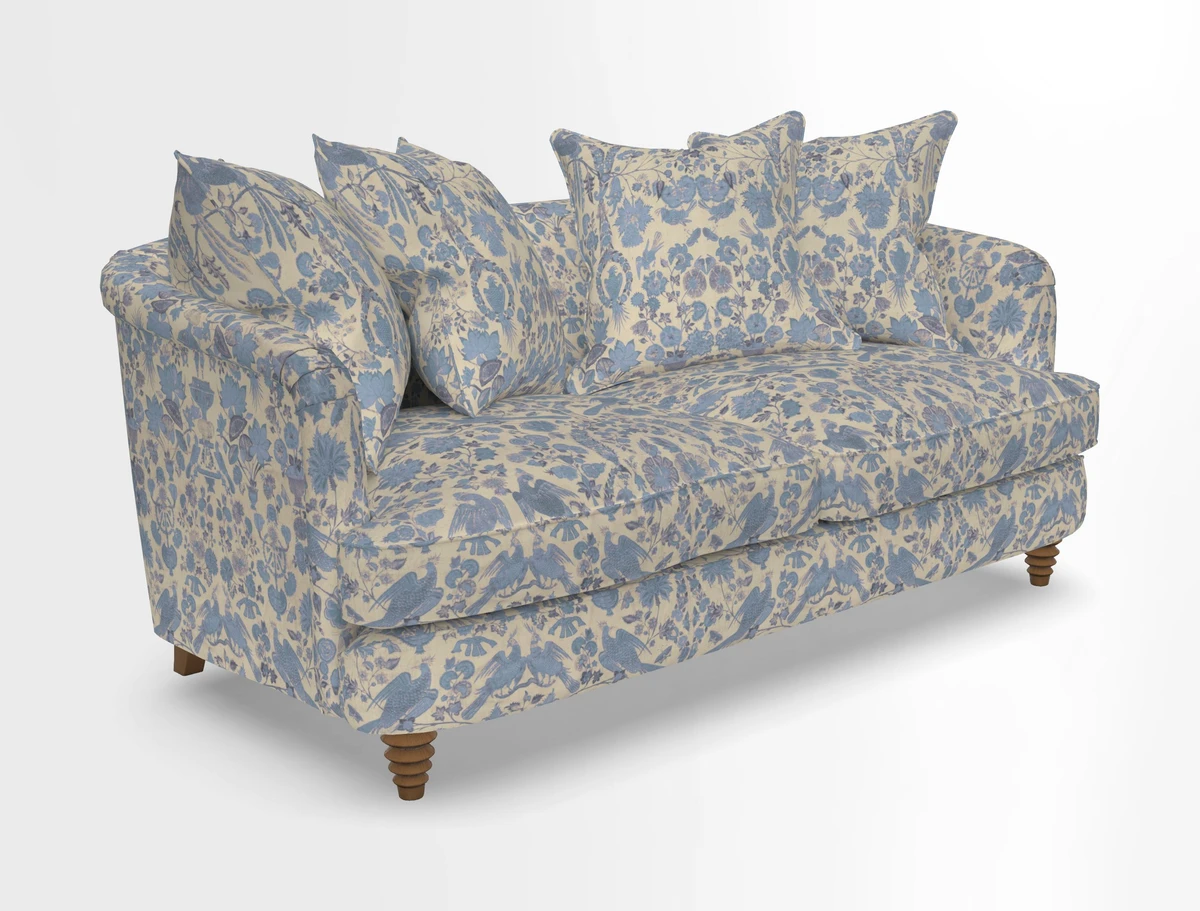 Helmsley Sofa in Mohair Velvet Fir Green with Seat and Back Cushions in RHS Collection Trailing Vine Olive and Small Trailing Ivy Olive