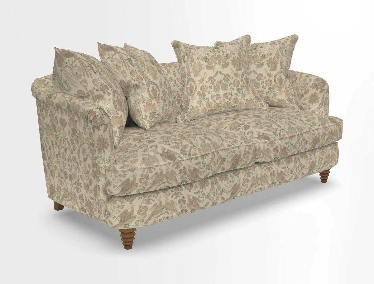 Helmsley Sofa in Mohair Velvet Fir Green with Seat and Back Cushions in RHS Collection Trailing Vine Olive and Small Trailing Ivy Olive