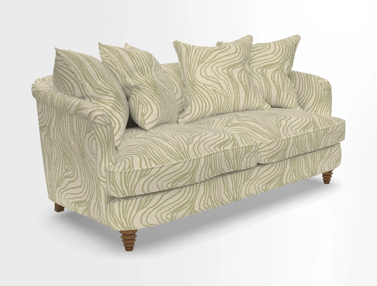 Helmsley Sofa in Mohair Velvet Fir Green with Seat and Back Cushions in RHS Collection Trailing Vine Olive and Small Trailing Ivy Olive