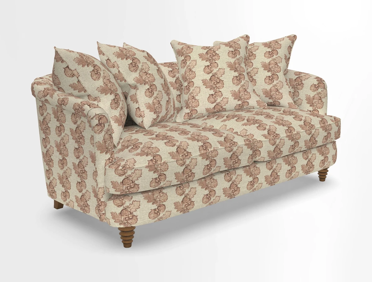 Helmsley Sofa in Mohair Velvet Fir Green with Seat and Back Cushions in RHS Collection Trailing Vine Olive and Small Trailing Ivy Olive