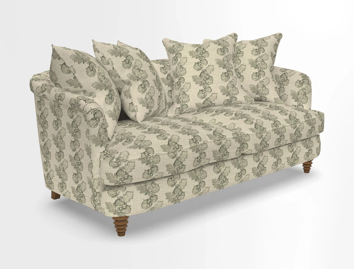 Helmsley Sofa in Mohair Velvet Fir Green with Seat and Back Cushions in RHS Collection Trailing Vine Olive and Small Trailing Ivy Olive