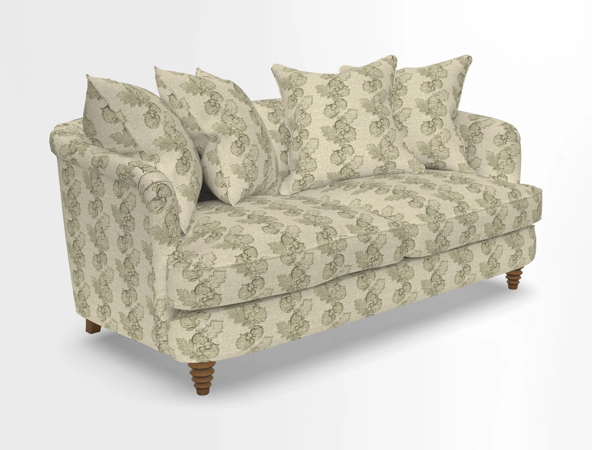 Helmsley Sofa in Mohair Velvet Fir Green with Seat and Back Cushions in RHS Collection Trailing Vine Olive and Small Trailing Ivy Olive