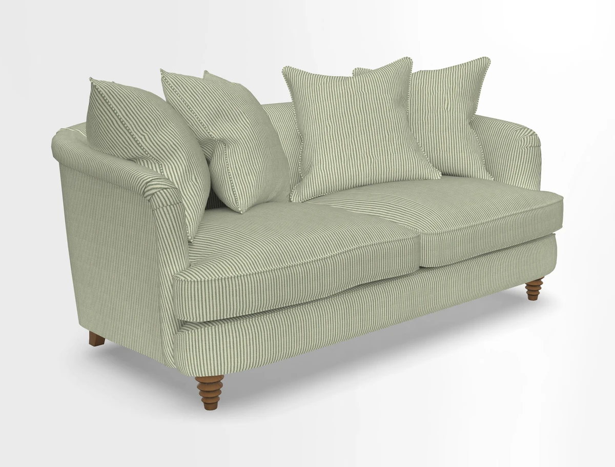 Helmsley Sofa in Mohair Velvet Fir Green with Seat and Back Cushions in RHS Collection Trailing Vine Olive and Small Trailing Ivy Olive