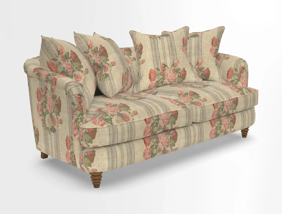 Helmsley Sofa in Mohair Velvet Fir Green with Seat and Back Cushions in RHS Collection Trailing Vine Olive and Small Trailing Ivy Olive