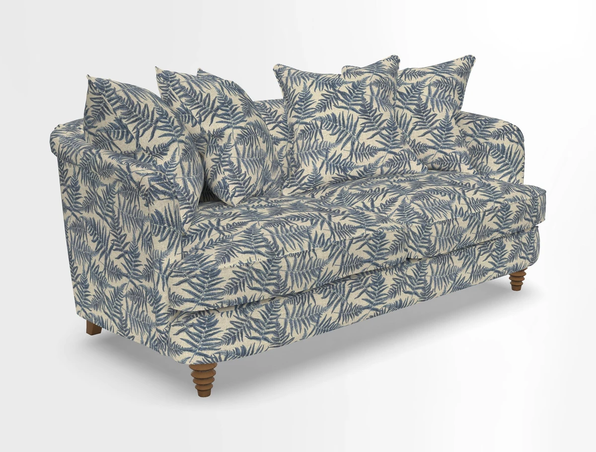 Helmsley Sofa in Mohair Velvet Fir Green with Seat and Back Cushions in RHS Collection Trailing Vine Olive and Small Trailing Ivy Olive