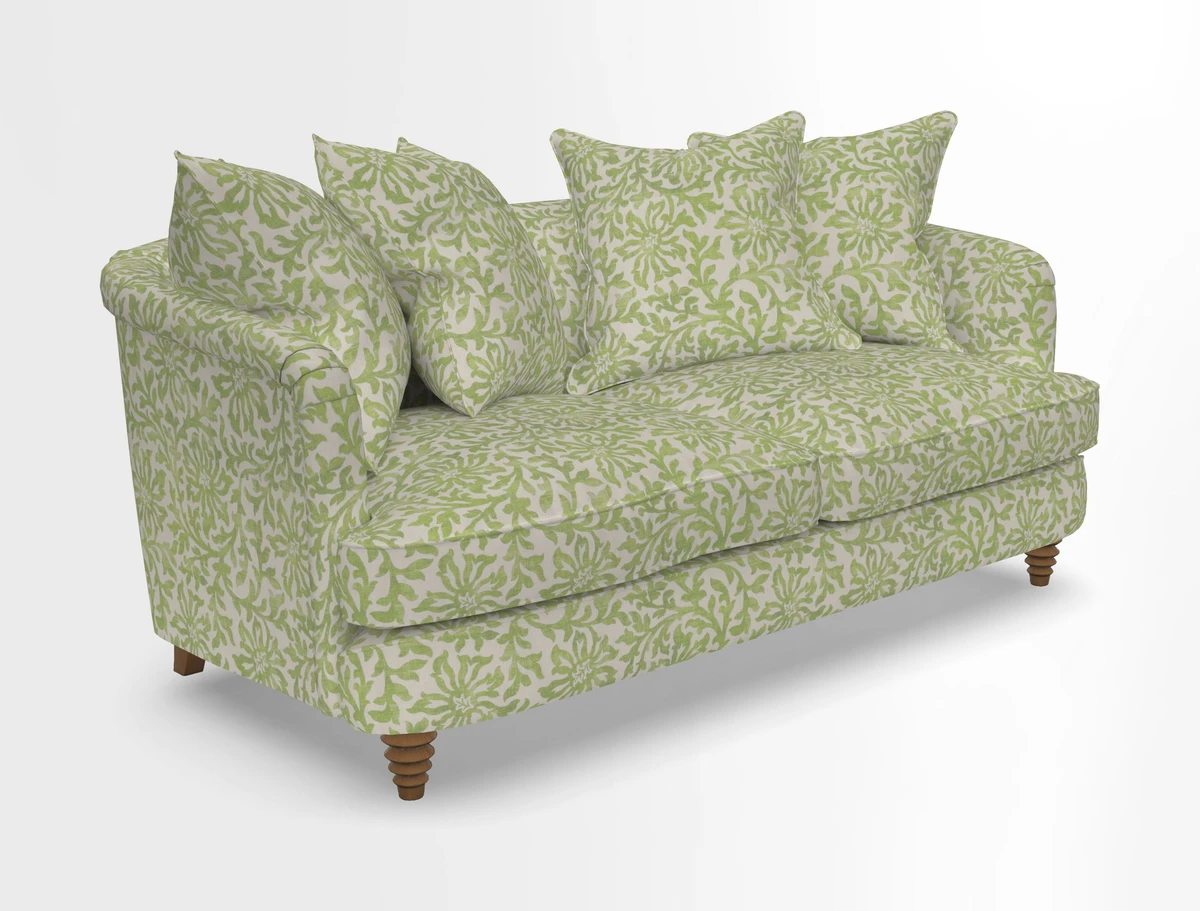 Helmsley Sofa in Mohair Velvet Fir Green with Seat and Back Cushions in RHS Collection Trailing Vine Olive and Small Trailing Ivy Olive