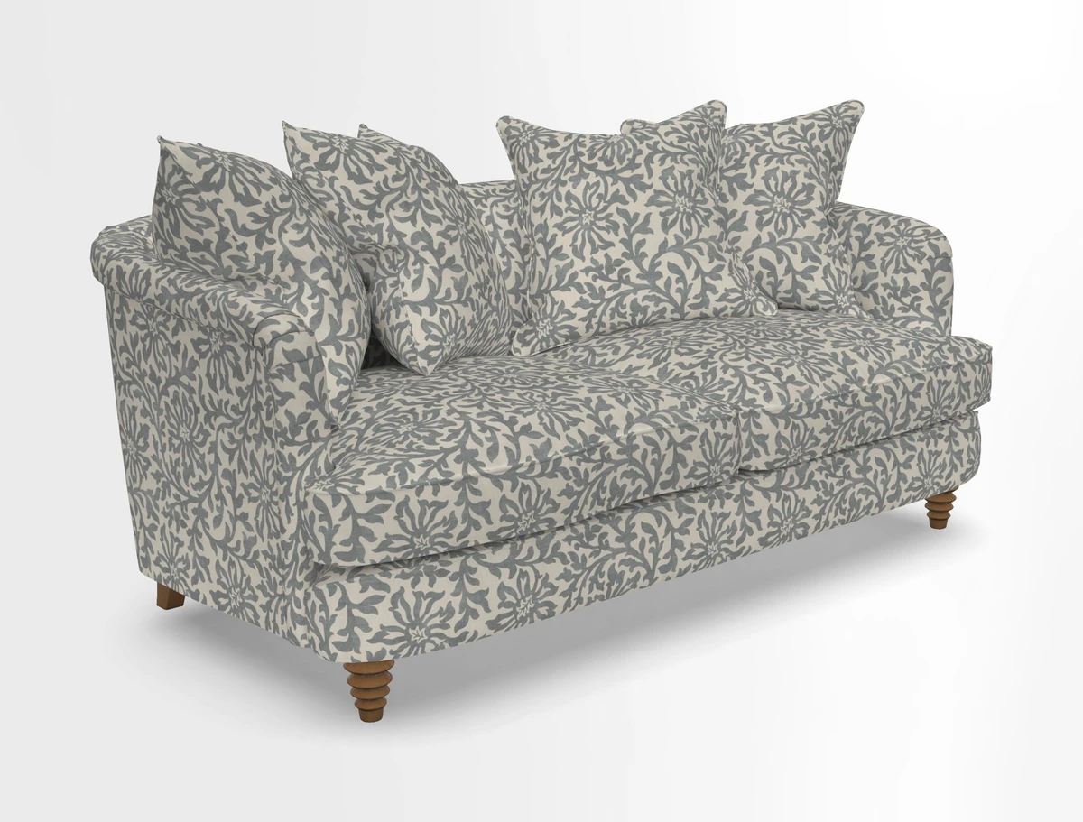 Helmsley Sofa in Mohair Velvet Fir Green with Seat and Back Cushions in RHS Collection Trailing Vine Olive and Small Trailing Ivy Olive