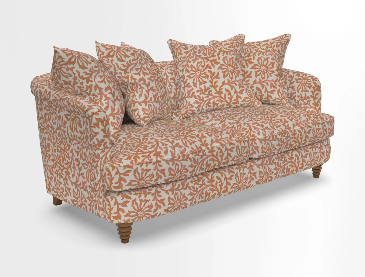 Helmsley Sofa in Mohair Velvet Fir Green with Seat and Back Cushions in RHS Collection Trailing Vine Olive and Small Trailing Ivy Olive