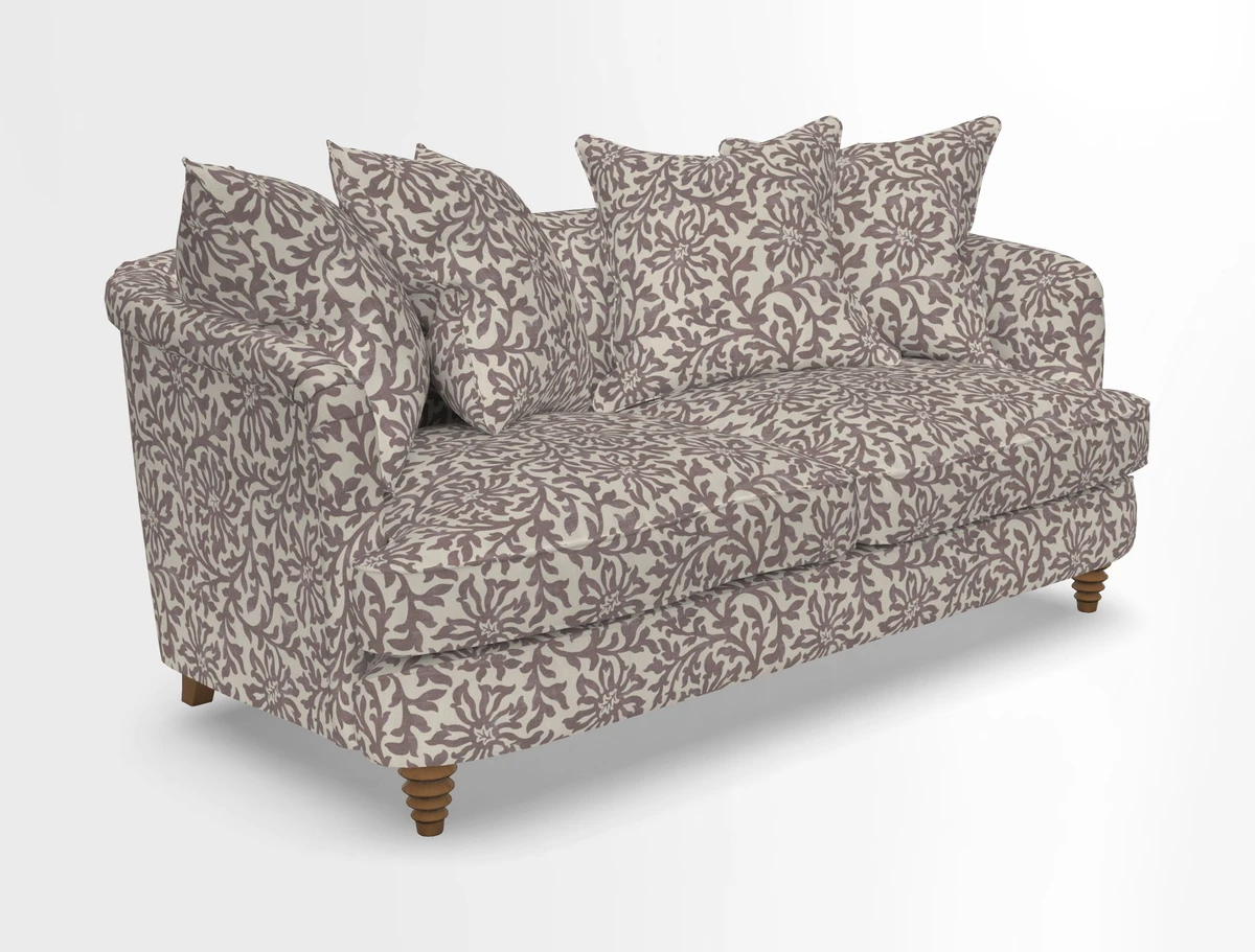 Helmsley Sofa in Mohair Velvet Fir Green with Seat and Back Cushions in RHS Collection Trailing Vine Olive and Small Trailing Ivy Olive