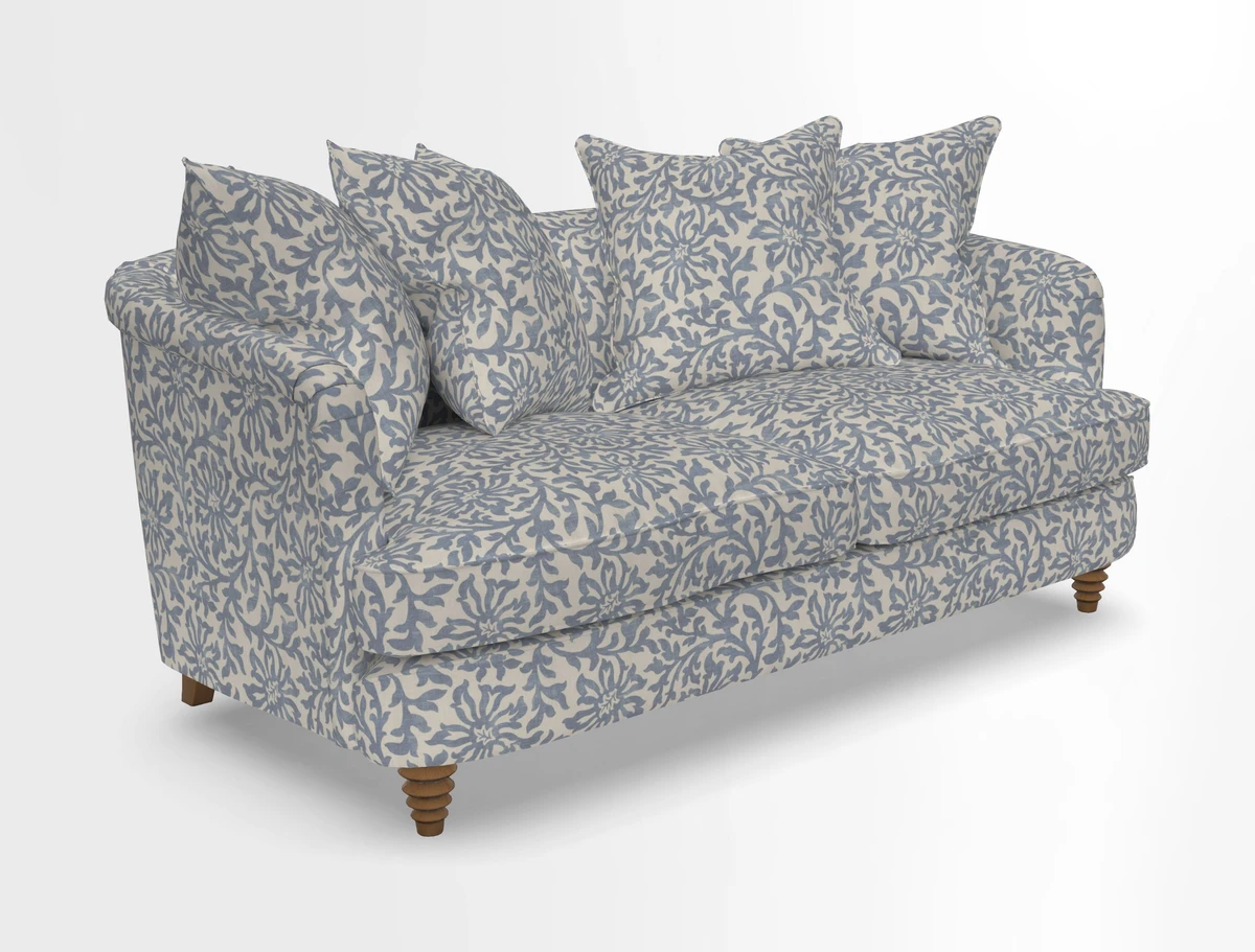Helmsley Sofa in Mohair Velvet Fir Green with Seat and Back Cushions in RHS Collection Trailing Vine Olive and Small Trailing Ivy Olive