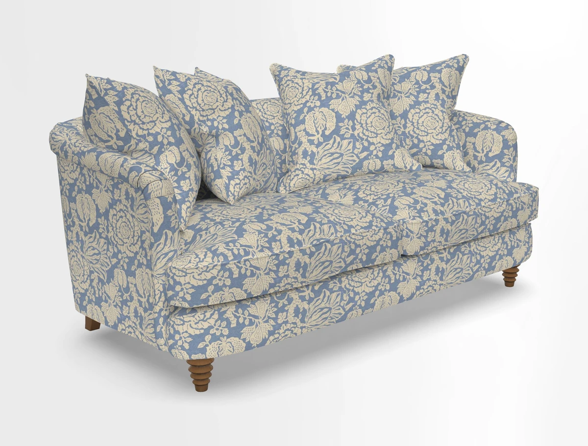 Helmsley Sofa in Mohair Velvet Fir Green with Seat and Back Cushions in RHS Collection Trailing Vine Olive and Small Trailing Ivy Olive