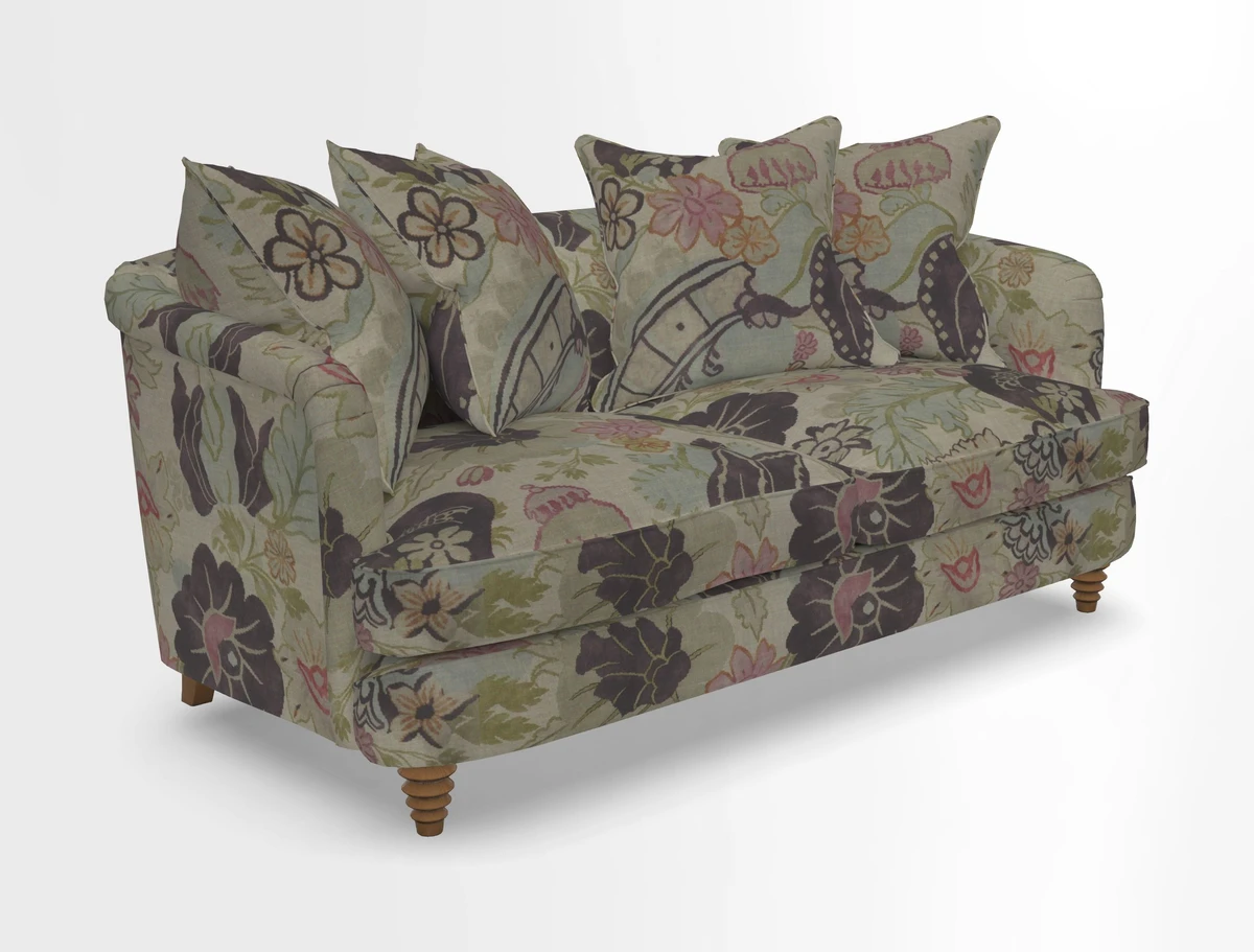 Helmsley Sofa in Mohair Velvet Fir Green with Seat and Back Cushions in RHS Collection Trailing Vine Olive and Small Trailing Ivy Olive