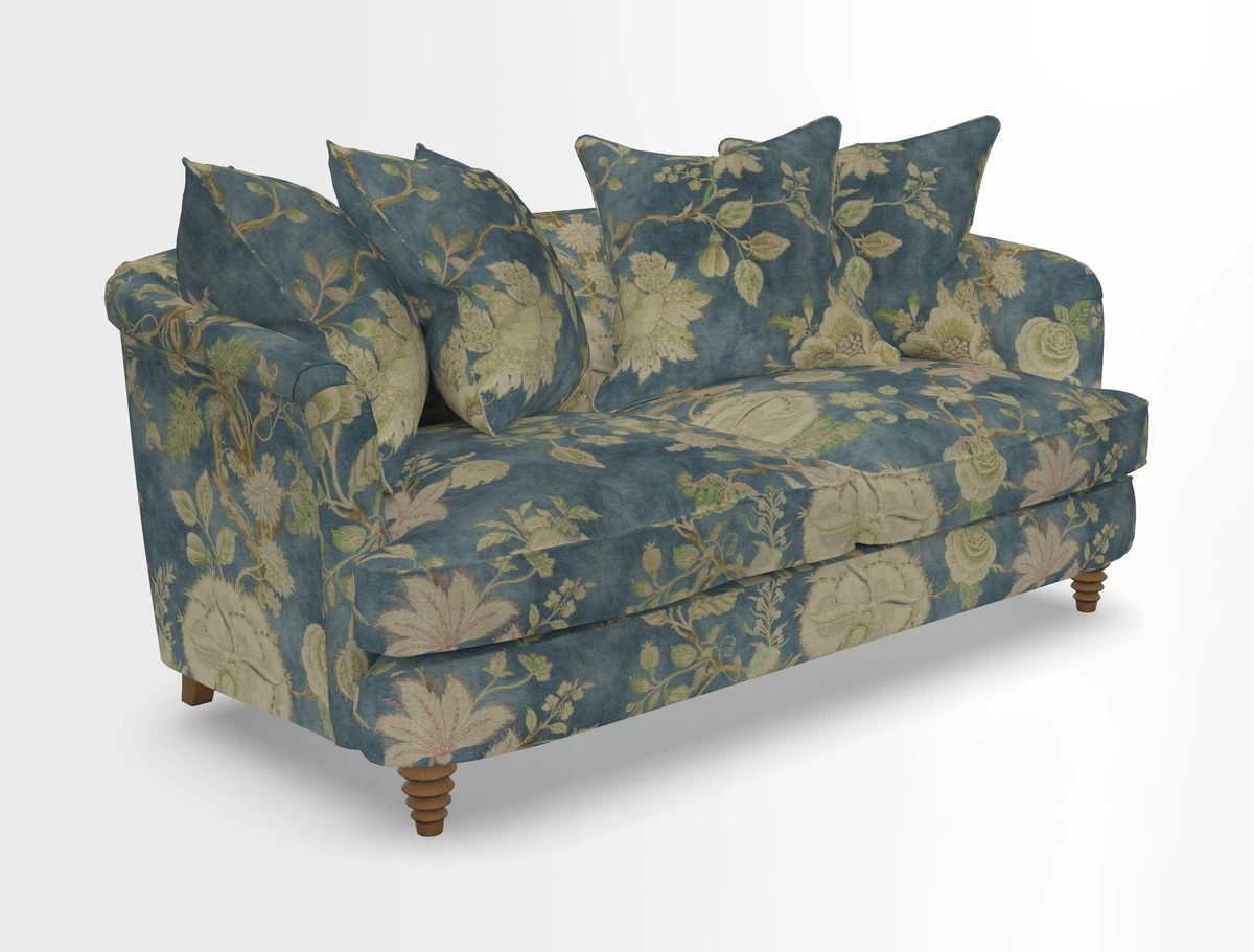 Helmsley Sofa in Mohair Velvet Fir Green with Seat and Back Cushions in RHS Collection Trailing Vine Olive and Small Trailing Ivy Olive