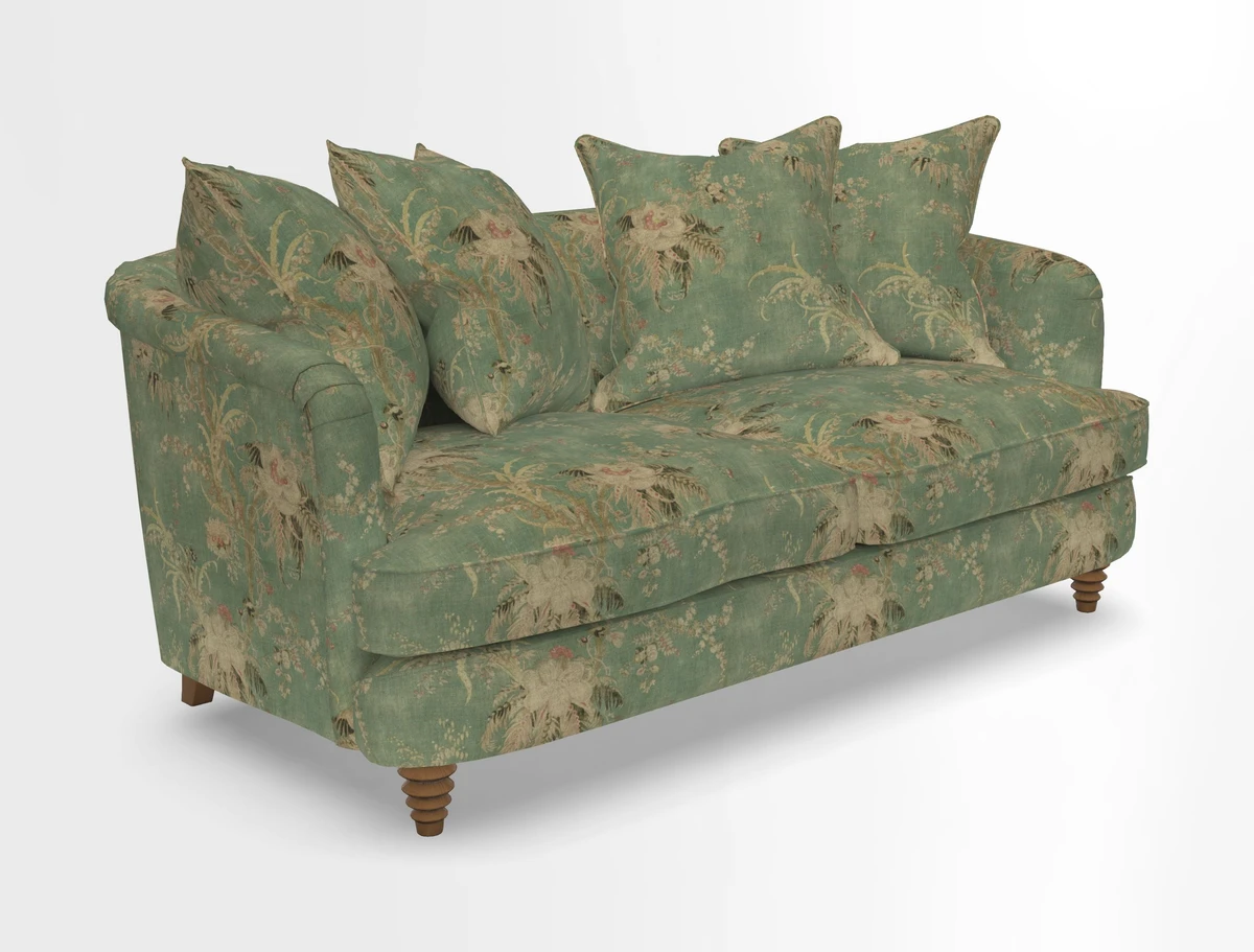 Helmsley Sofa in Mohair Velvet Fir Green with Seat and Back Cushions in RHS Collection Trailing Vine Olive and Small Trailing Ivy Olive