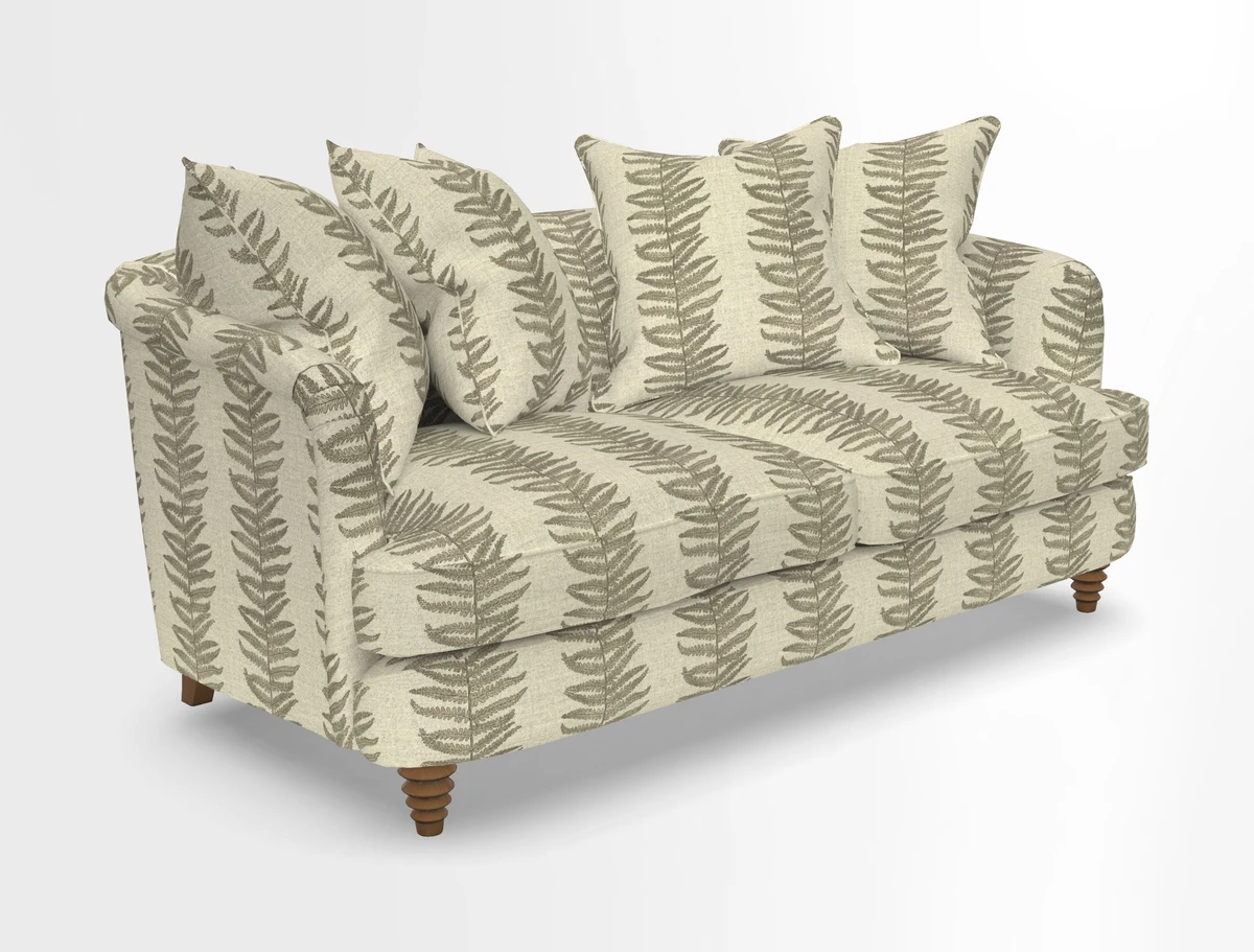Helmsley Sofa in Mohair Velvet Fir Green with Seat and Back Cushions in RHS Collection Trailing Vine Olive and Small Trailing Ivy Olive