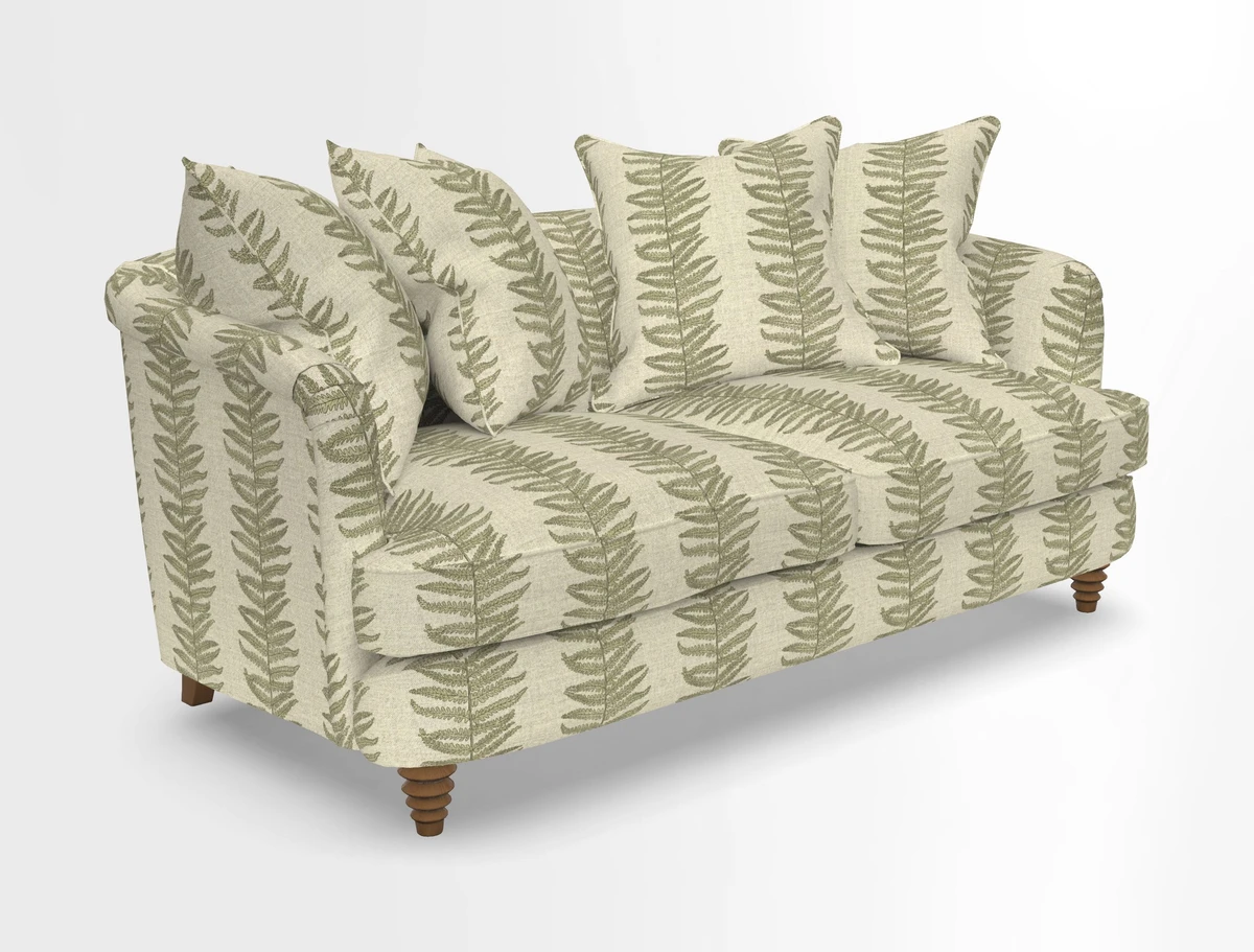 Helmsley Sofa in Mohair Velvet Fir Green with Seat and Back Cushions in RHS Collection Trailing Vine Olive and Small Trailing Ivy Olive