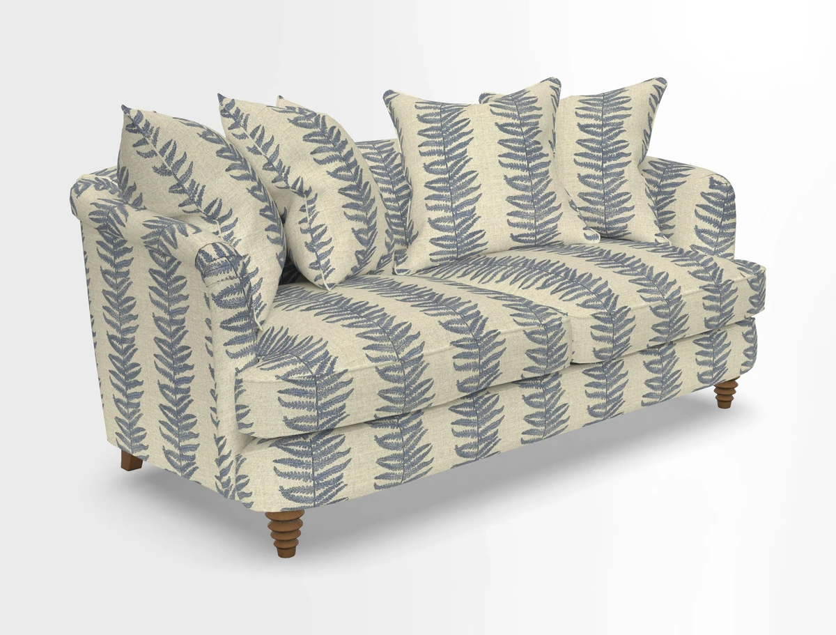 Helmsley Sofa in Mohair Velvet Fir Green with Seat and Back Cushions in RHS Collection Trailing Vine Olive and Small Trailing Ivy Olive