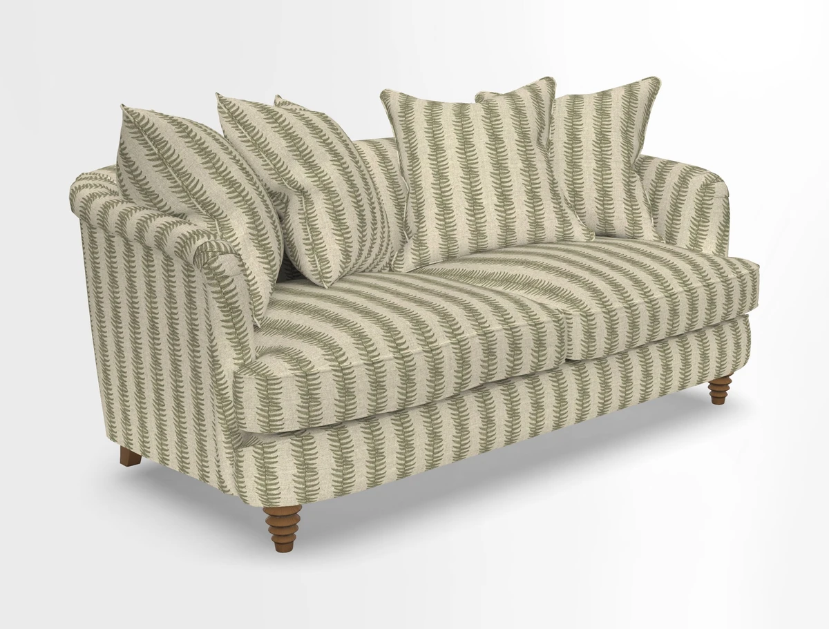 Helmsley Sofa in Mohair Velvet Fir Green with Seat and Back Cushions in RHS Collection Trailing Vine Olive and Small Trailing Ivy Olive