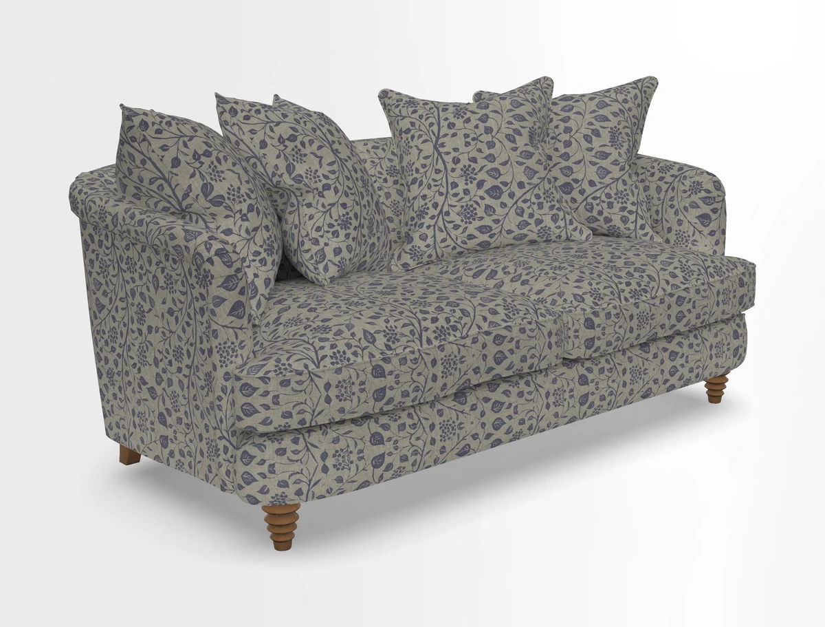 Helmsley Sofa in Mohair Velvet Fir Green with Seat and Back Cushions in RHS Collection Trailing Vine Olive and Small Trailing Ivy Olive