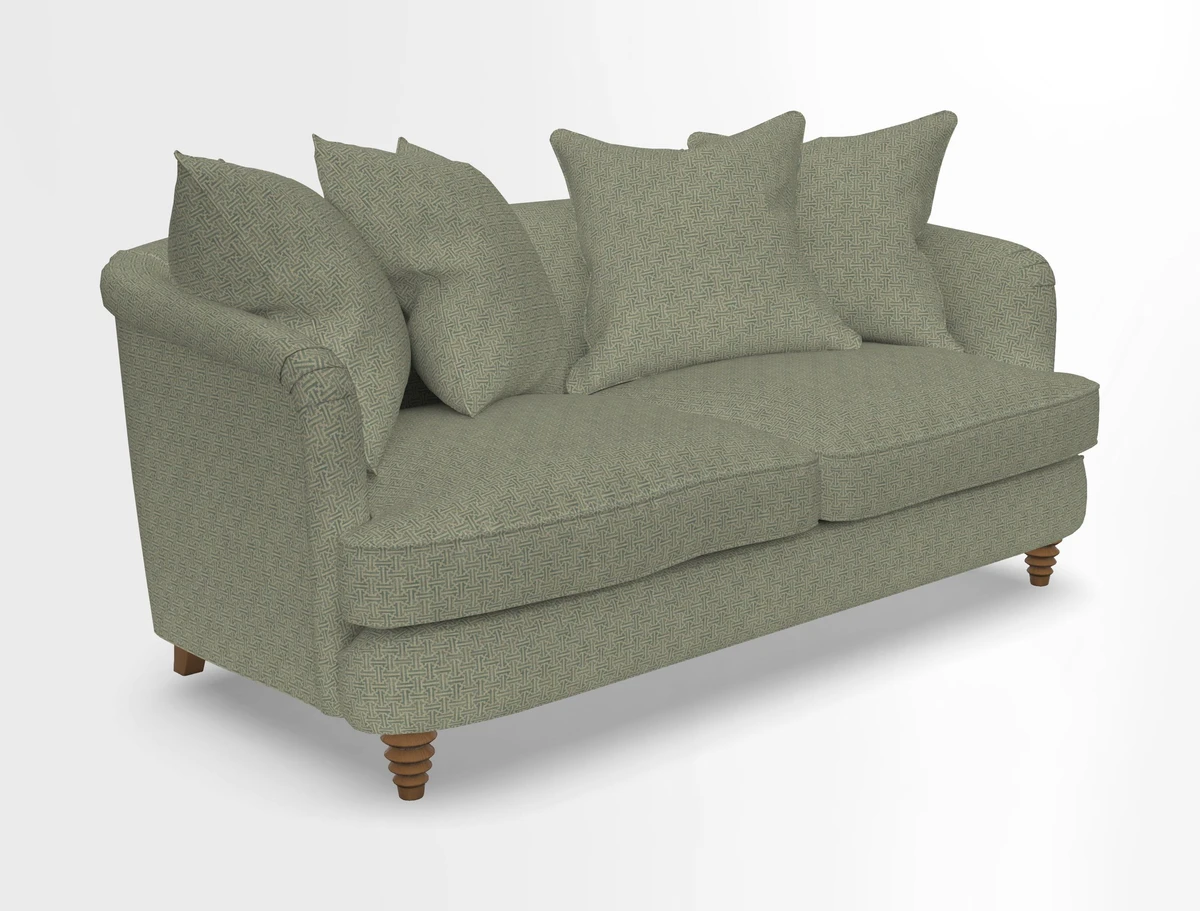 Helmsley Sofa in Mohair Velvet Fir Green with Seat and Back Cushions in RHS Collection Trailing Vine Olive and Small Trailing Ivy Olive