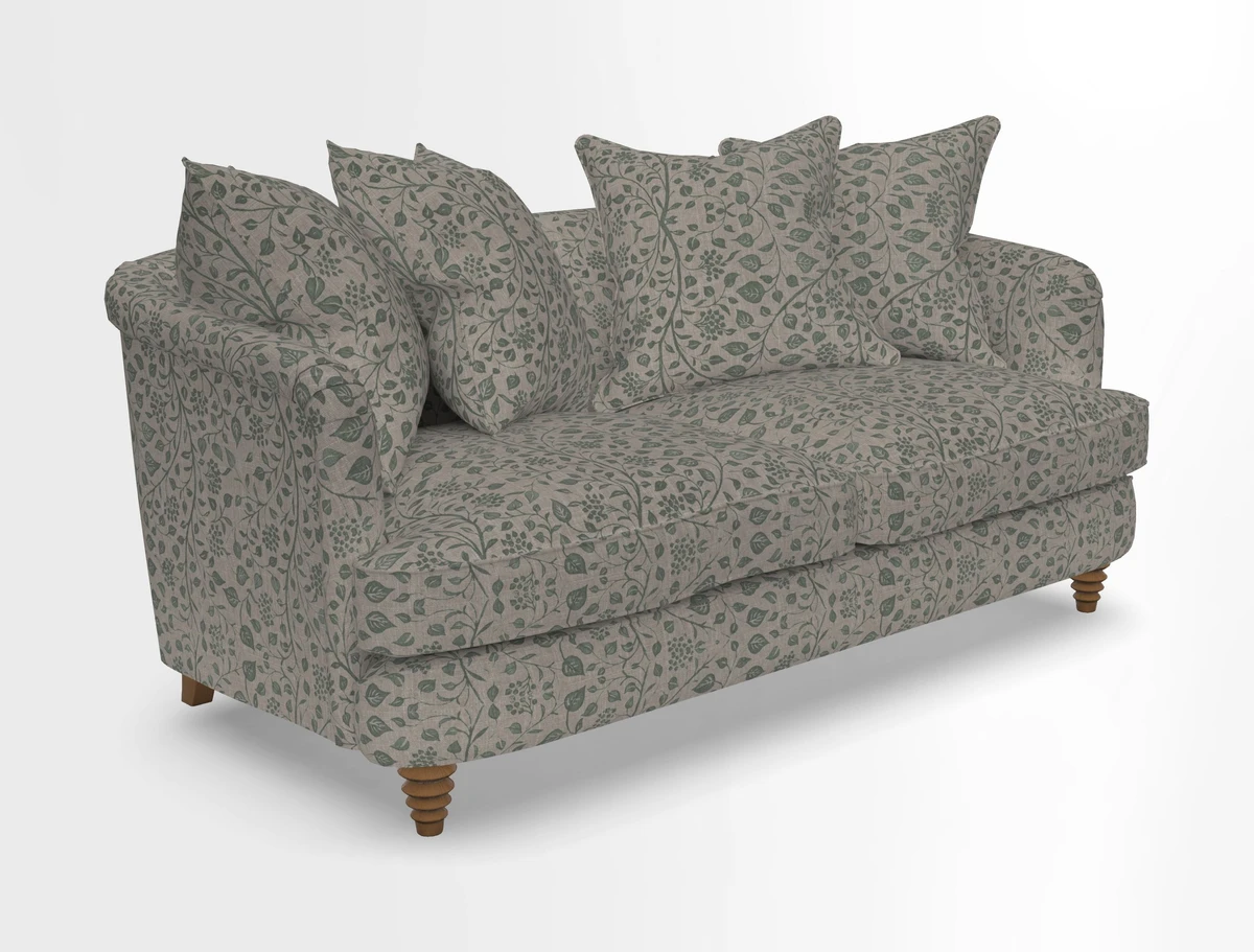 Helmsley Sofa in Mohair Velvet Fir Green with Seat and Back Cushions in RHS Collection Trailing Vine Olive and Small Trailing Ivy Olive