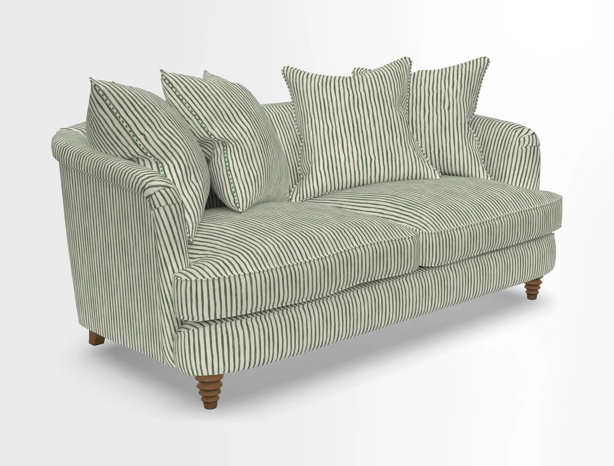 Helmsley Sofa in Mohair Velvet Fir Green with Seat and Back Cushions in RHS Collection Trailing Vine Olive and Small Trailing Ivy Olive