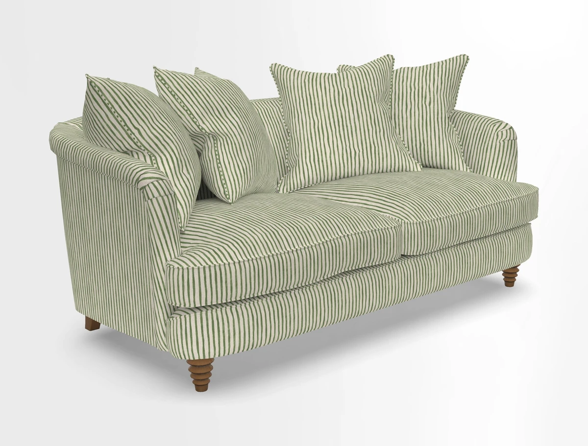 Helmsley Sofa in Mohair Velvet Fir Green with Seat and Back Cushions in RHS Collection Trailing Vine Olive and Small Trailing Ivy Olive