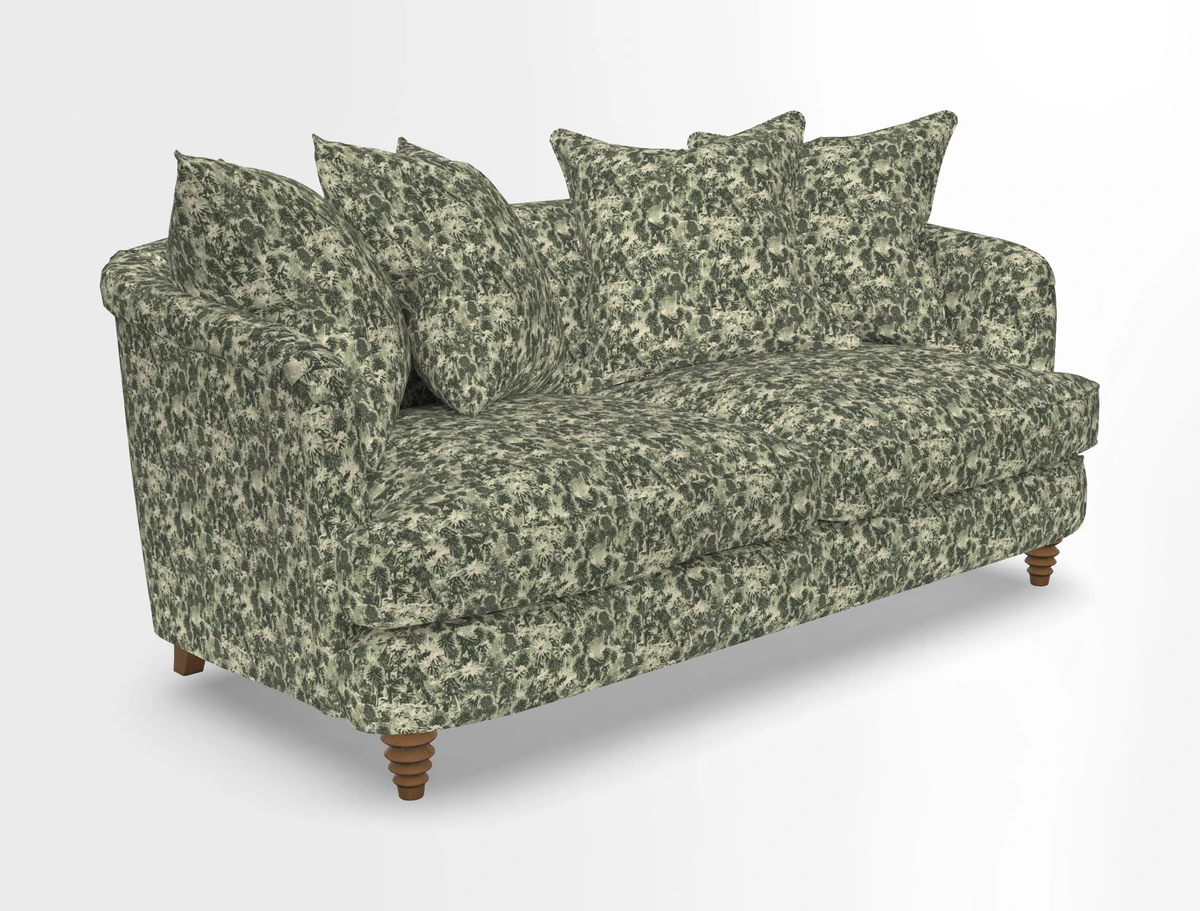 Helmsley Sofa in Mohair Velvet Fir Green with Seat and Back Cushions in RHS Collection Trailing Vine Olive and Small Trailing Ivy Olive