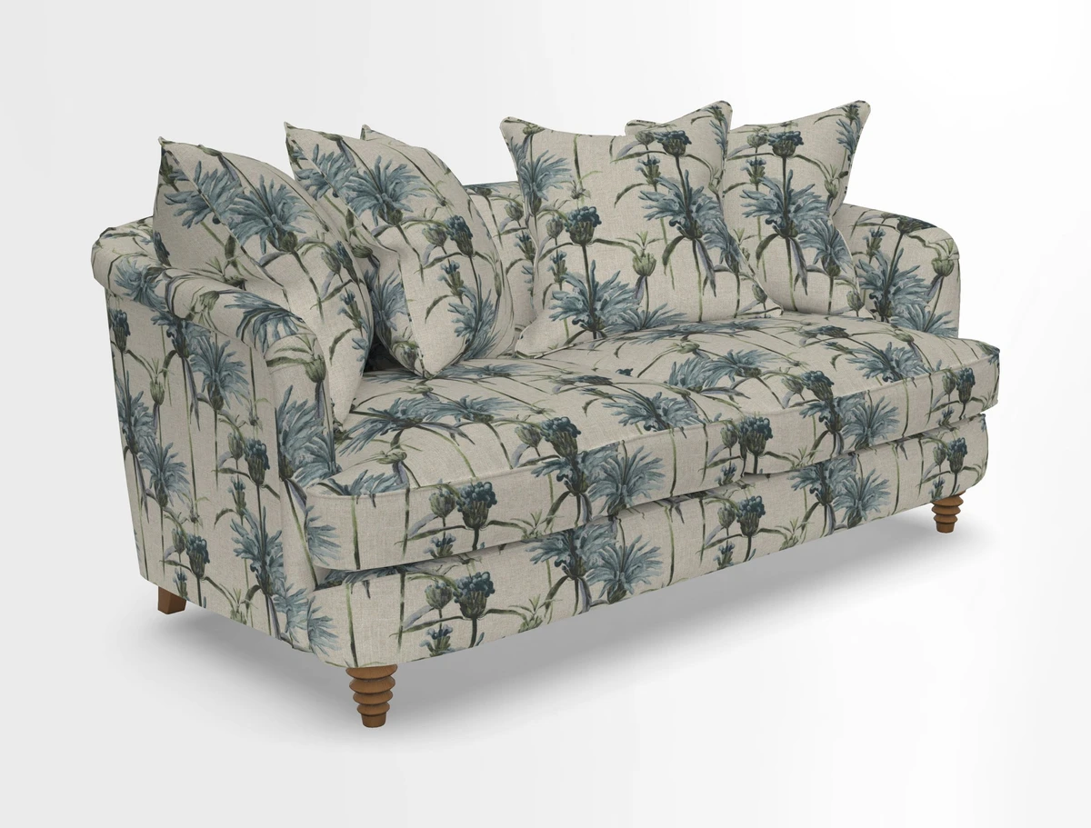 Helmsley Sofa in Mohair Velvet Fir Green with Seat and Back Cushions in RHS Collection Trailing Vine Olive and Small Trailing Ivy Olive