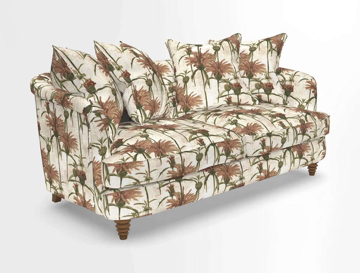 Helmsley Sofa in Mohair Velvet Fir Green with Seat and Back Cushions in RHS Collection Trailing Vine Olive and Small Trailing Ivy Olive