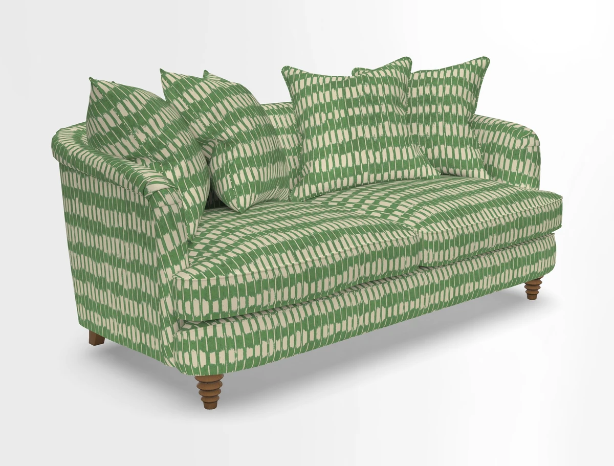 Helmsley Sofa in Mohair Velvet Fir Green with Seat and Back Cushions in RHS Collection Trailing Vine Olive and Small Trailing Ivy Olive