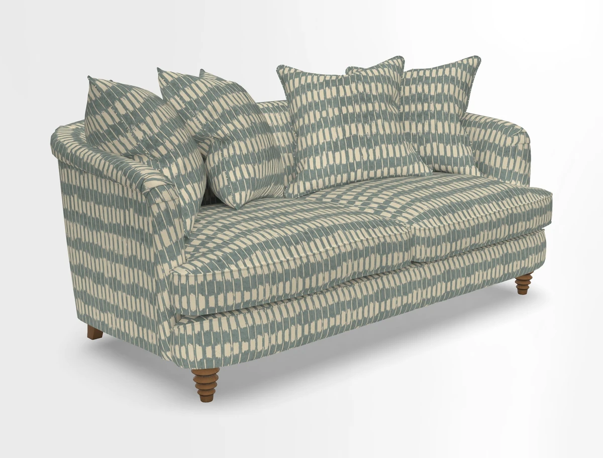 Helmsley Sofa in Mohair Velvet Fir Green with Seat and Back Cushions in RHS Collection Trailing Vine Olive and Small Trailing Ivy Olive
