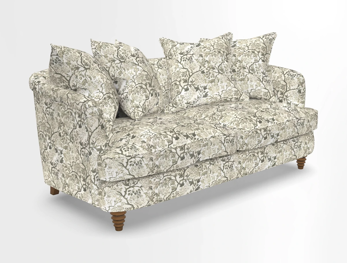Helmsley Sofa in Mohair Velvet Fir Green with Seat and Back Cushions in RHS Collection Trailing Vine Olive and Small Trailing Ivy Olive
