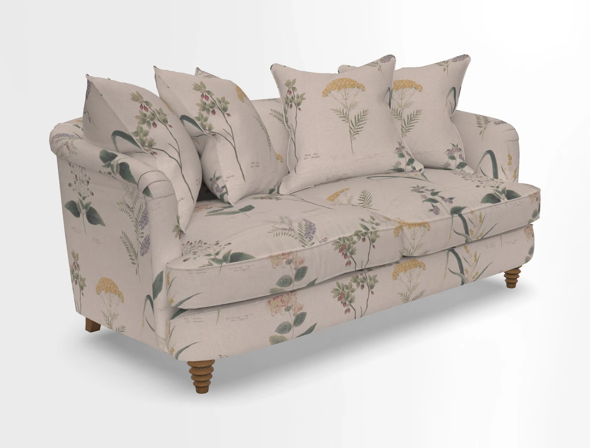 Helmsley Sofa in Mohair Velvet Fir Green with Seat and Back Cushions in RHS Collection Trailing Vine Olive and Small Trailing Ivy Olive