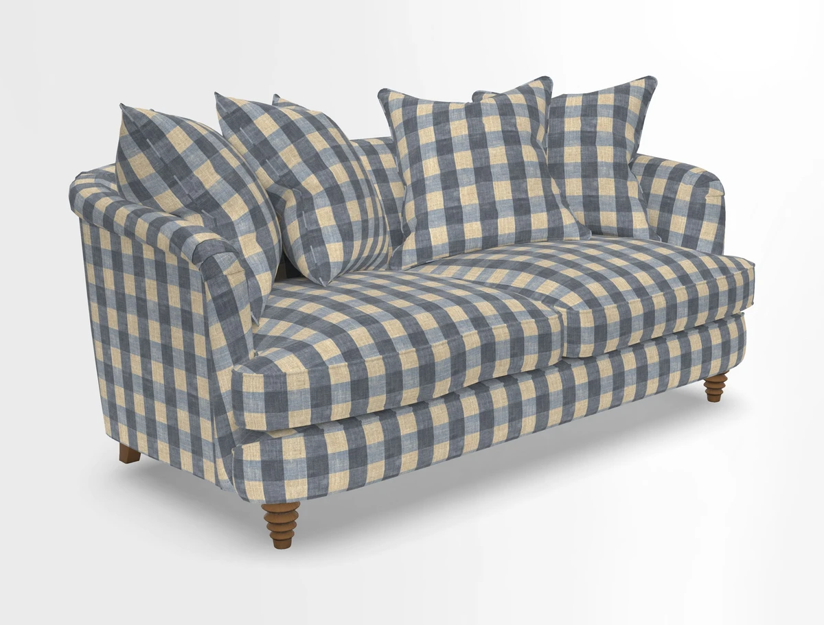 Helmsley Sofa in Mohair Velvet Fir Green with Seat and Back Cushions in RHS Collection Trailing Vine Olive and Small Trailing Ivy Olive