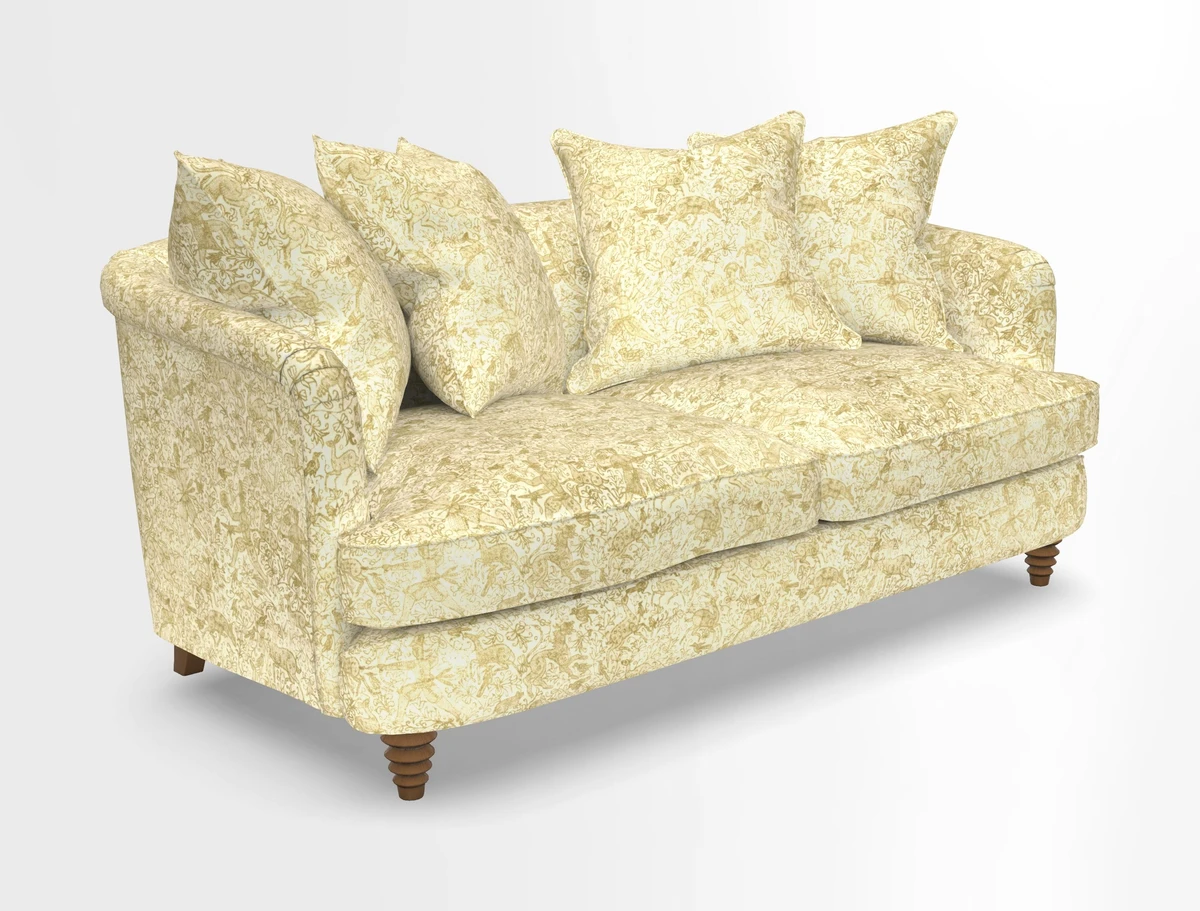 Helmsley Sofa in Mohair Velvet Fir Green with Seat and Back Cushions in RHS Collection Trailing Vine Olive and Small Trailing Ivy Olive