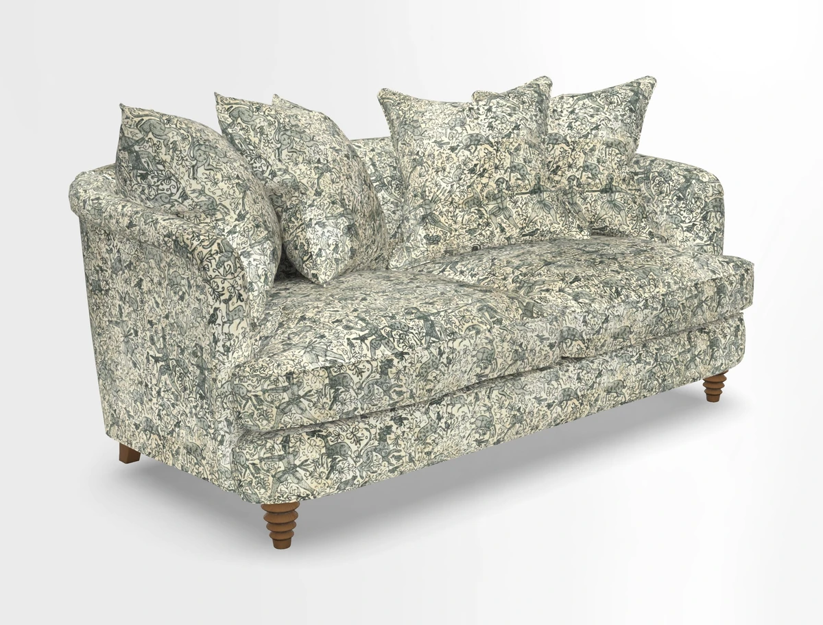 Helmsley Sofa in Mohair Velvet Fir Green with Seat and Back Cushions in RHS Collection Trailing Vine Olive and Small Trailing Ivy Olive