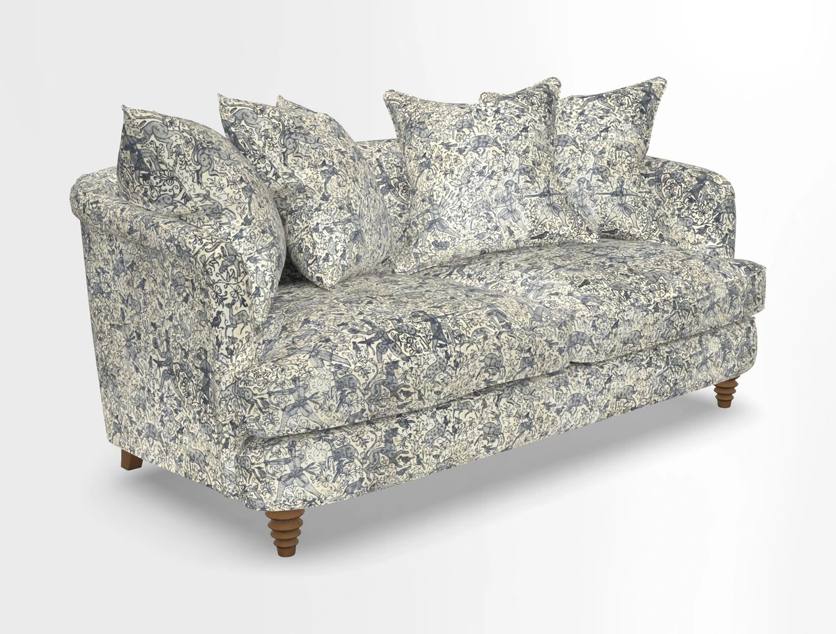 Helmsley Sofa in Mohair Velvet Fir Green with Seat and Back Cushions in RHS Collection Trailing Vine Olive and Small Trailing Ivy Olive