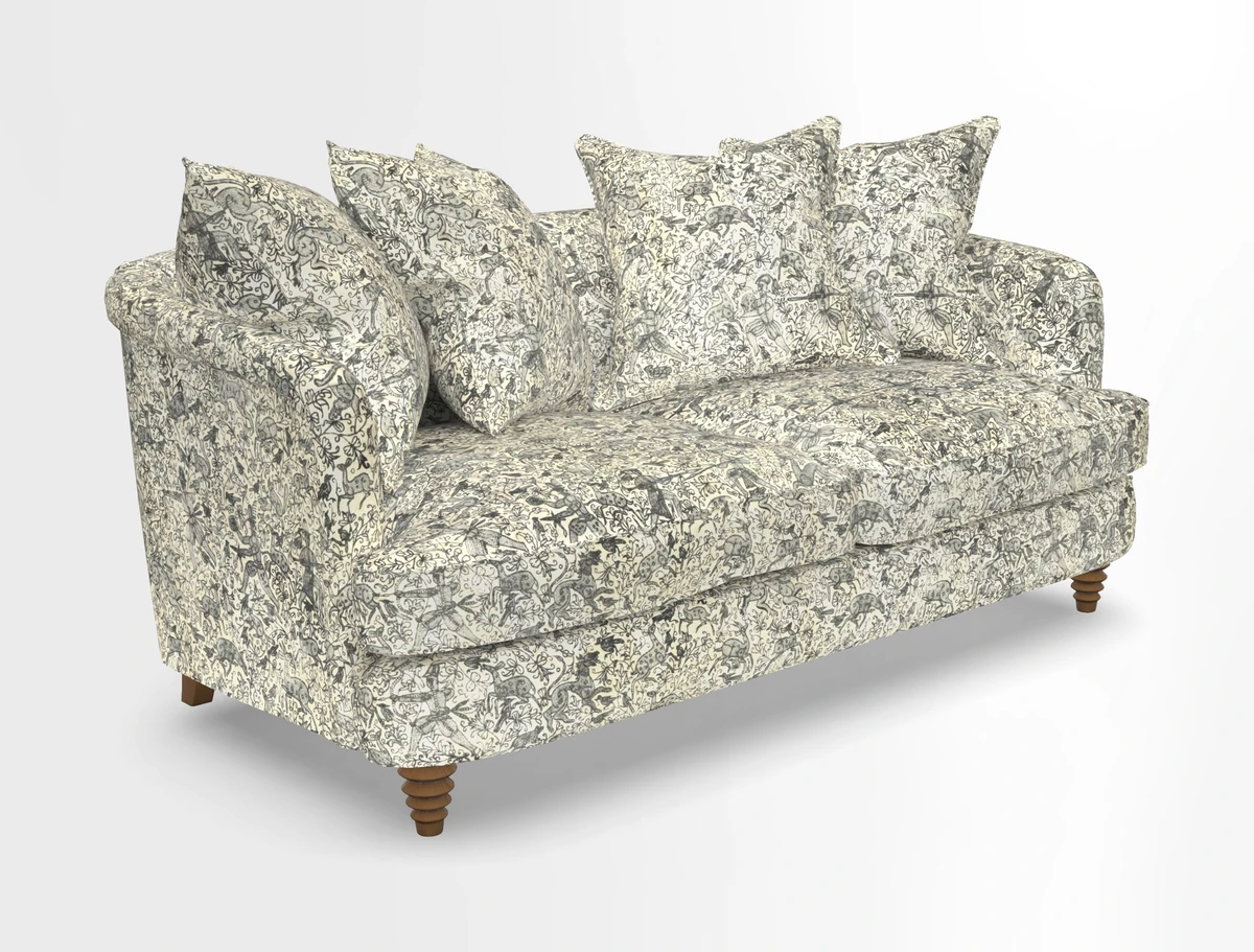 Helmsley Sofa in Mohair Velvet Fir Green with Seat and Back Cushions in RHS Collection Trailing Vine Olive and Small Trailing Ivy Olive