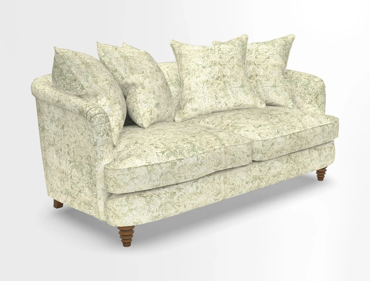 Helmsley Sofa in Mohair Velvet Fir Green with Seat and Back Cushions in RHS Collection Trailing Vine Olive and Small Trailing Ivy Olive
